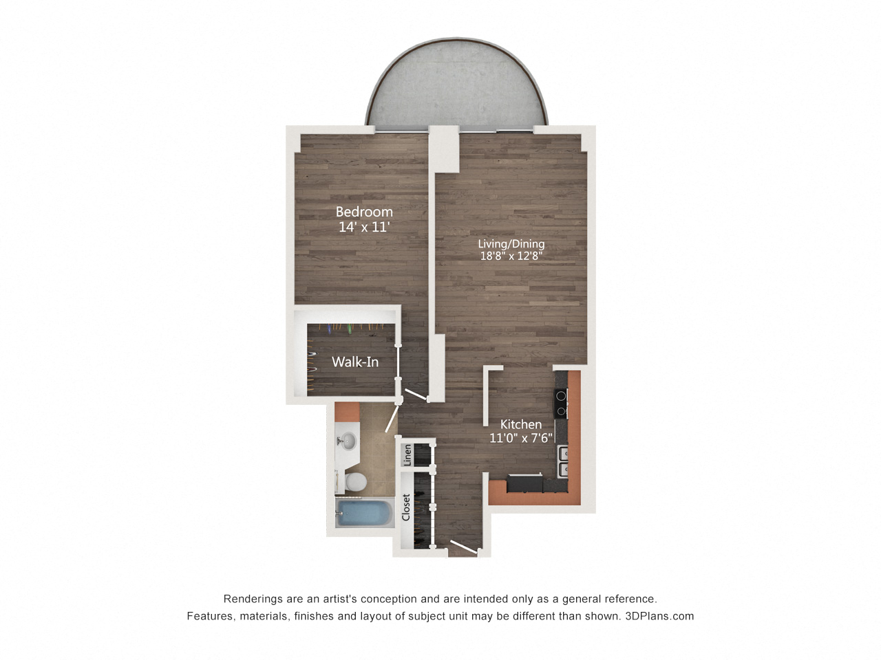 Floor plan for 1 bed, 1 bath, 740 sqft
